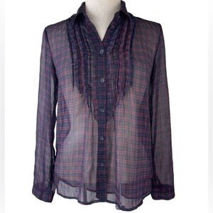 American Eagle Favorite Fit Sheer Plaid Top with Ruffles Burgundy/Blue Women’s S